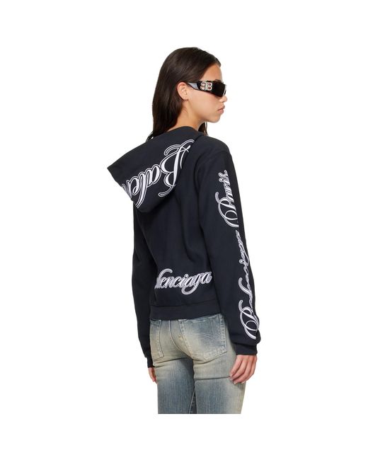 Balenciaga Black Cursive Zip-Up Regular Fit Hoodie