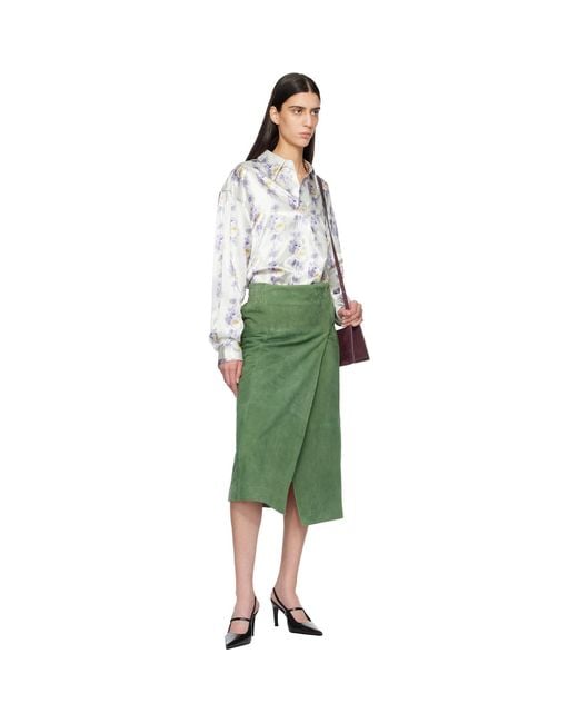 MERYLL ROGGE Green Suede Long Wrap Midi Skirt
