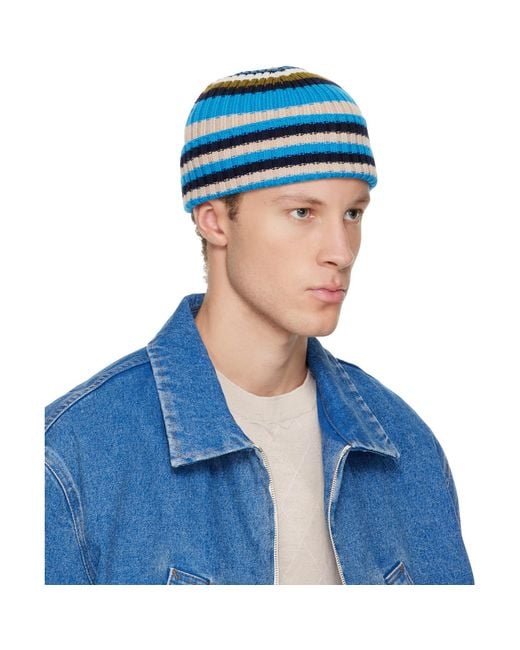 Marni Blue Striped Ribbed Beanie for men