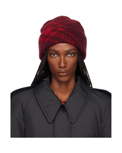 Burberry Black Burgundy Check Mohair Wool-Blend Beanie