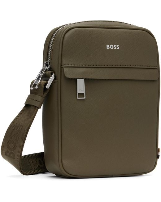 Boss Green Khaki Signature Stripe Logo Detail Reporter Bag for men