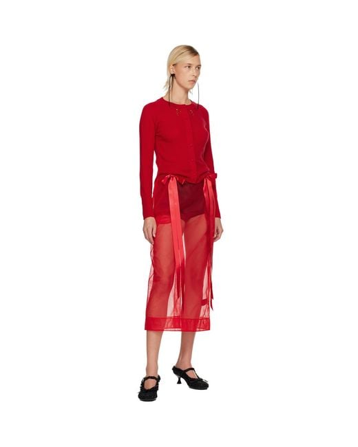 Simone Rocha Red Sheer Bow Ribbon Pencil Midi Skirt