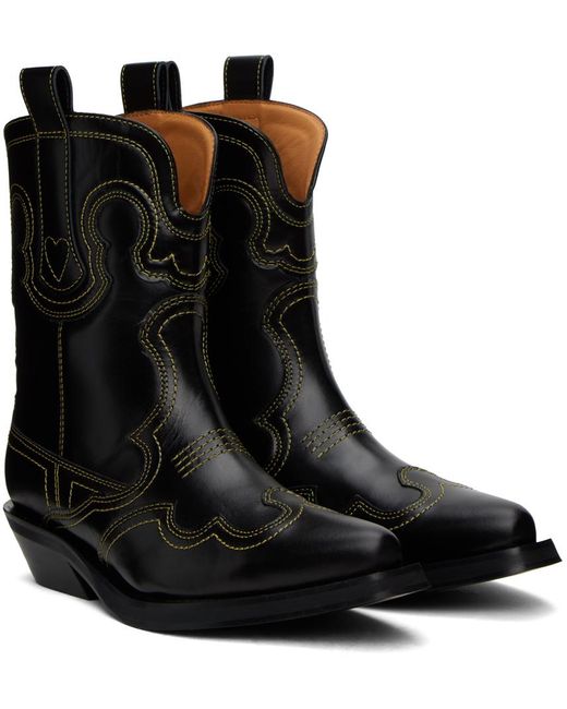 Ganni Black Low Shaft Embroidered Western Boots