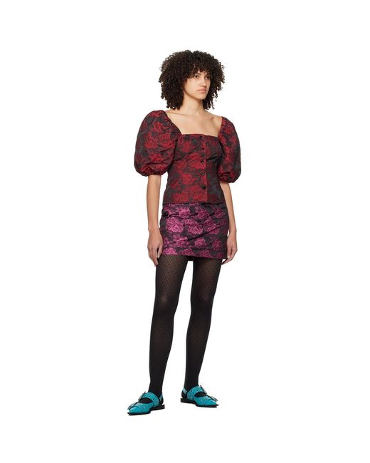 Ganni Black & Red Botanical Jacquard Blouse