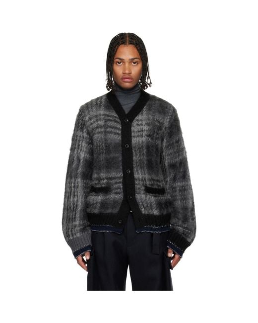 Sacai Black Plaid Mohair Knit Cardigan for men