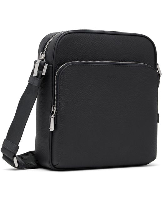 Boss Black Leather Logo-Emed Messenger Bag for men