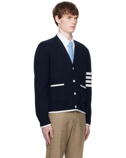 Thom Browne Blue Milano Stitch Merino Wool 4-Bar V-Neck Cardigan for men