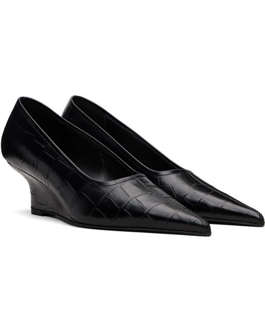 Totême  Black Sharp Croco-Embossed Wedge Heels