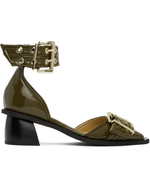 Ganni Green Khaki Feminine Buckle Open Cut Heels