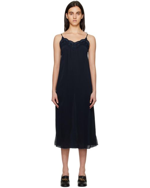 See By Chloé Black Navy Embroidered Midi Dress