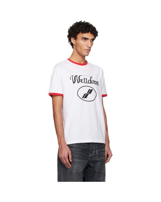 we11done White Cursive Logo Fitted Ringer T-Shirt for men