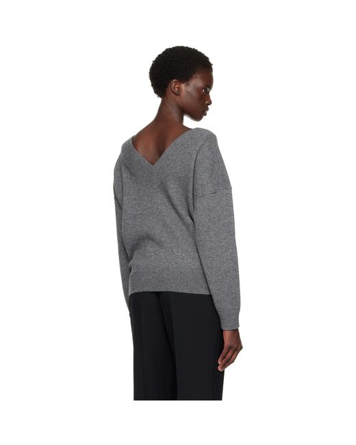 Tom Ford Gray Cashmere Off-The-Shoulder V-Neck Sweater