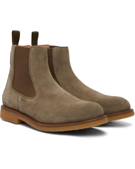 Boss Brown Khaki Suede Signature-Stripe Stitching Chelsea Boots for men
