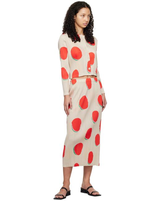 Pleats Please Issey Miyake Off-white & Red Bean Dots Midi Skirt