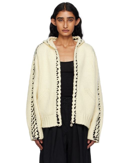OPEN YY ベージュ ステッチ ジップアップ ニットフーディ Black