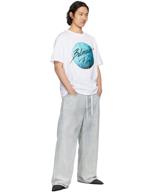 メンズ Balmain ホワイト Printed Paris' Logo & Planet Tシャツ Blue