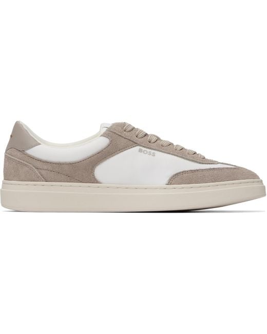 Boss White Taupe Suede Trims Lace-Up Sneakers for men