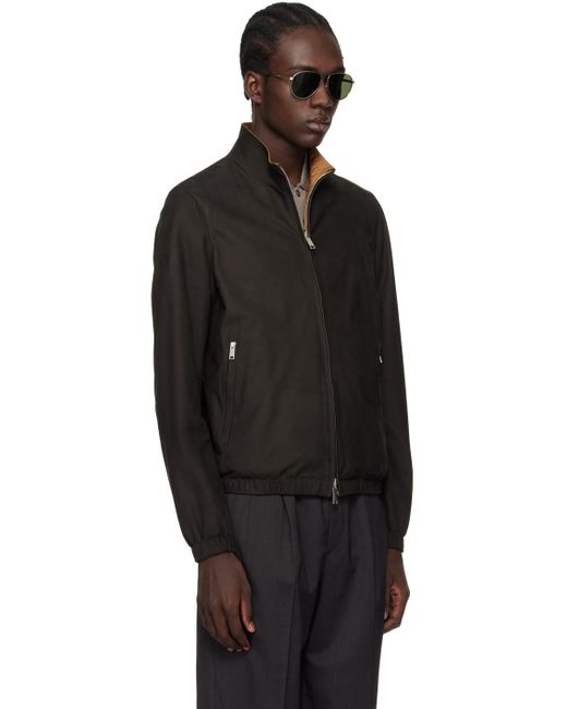 Zegna Black Brown Zip Reversible Leather Jacket for men