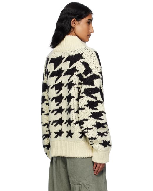 OPEN YY White Off- & Hound's Tooth Star Cowichan Cardigan