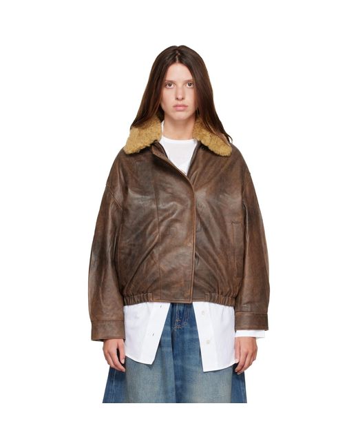 R13 Brown Removable Collar Leather Bomber Jacket