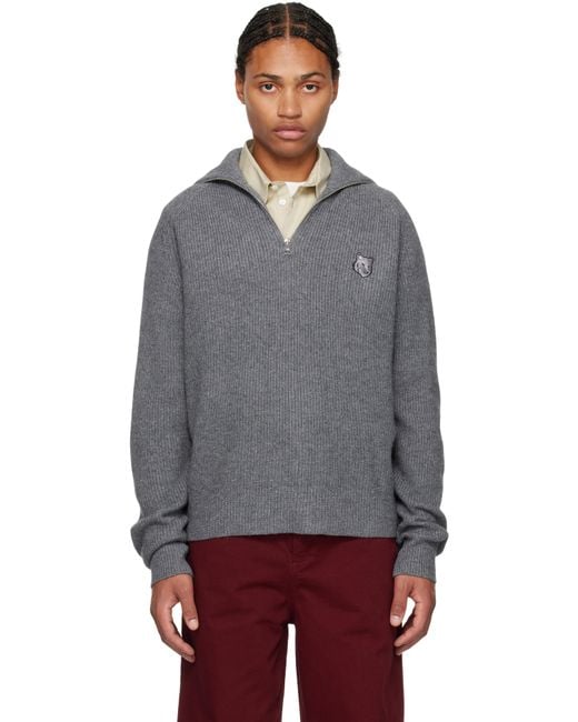 Maison Kitsuné Bold Fox Head Patch Half Zip Ribbed Sweater