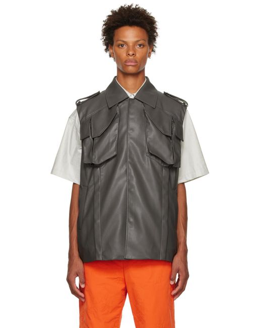 Feng Chen Wang Black Vented Faux-Leather Vest for men