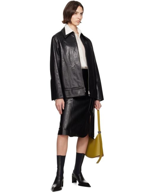 Jil Sander ブラック グレインレザー ミディアムスカート Black