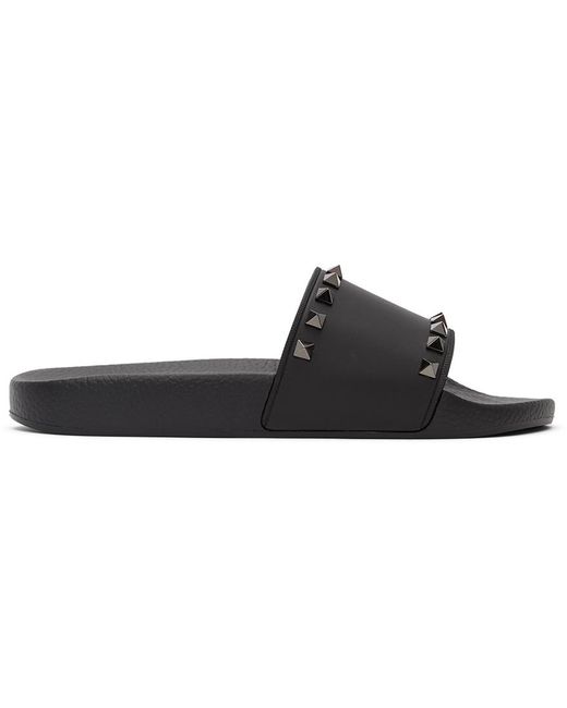 Valentino Garavani Leather Black Rockstud Slides for Men - Lyst
