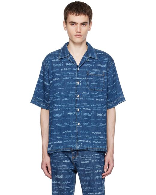 Marni Blue Printed Denim Shirt for men