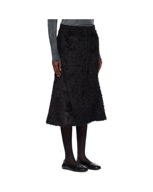 OPEN YY Black Shaggy Faux-Fur Midi Track Skirt