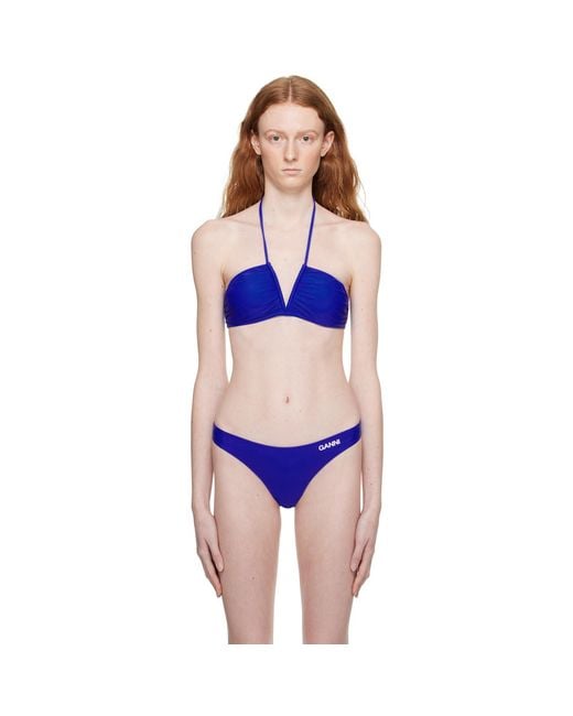 Ganni Purple Blue Ruched Bikini Top