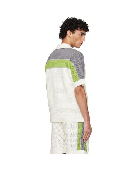 Casablanca White Off- Stripe Crochet Short Sleeve Shirt for men