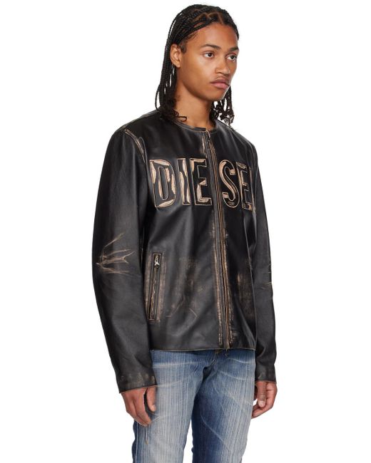 Veste en cuir effet vieilli avec logo en metal DIESEL pour homme en coloris Noir Lyst