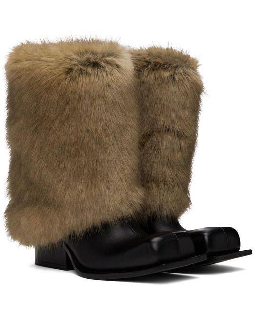 FIDAN NOVRUZOVA Green Layered Leather Ankle Boots with Faux-Fur Collar