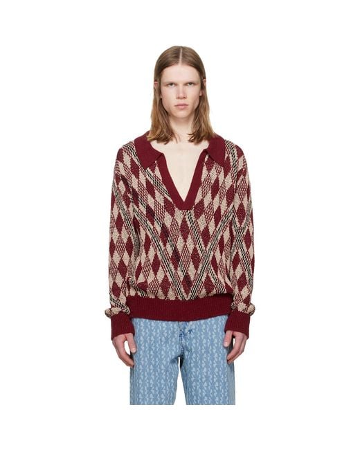 Dries Van Noten Red Burgundy Argyle Polo for men