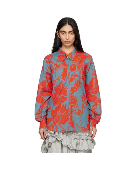 Dries Van Noten Red Voile Floral Print Shirt