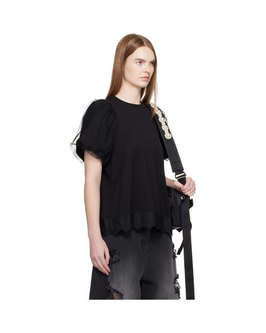 Simone Rocha Black Tulle Overlay Puff Sleeve Lace Trim T-Shirt