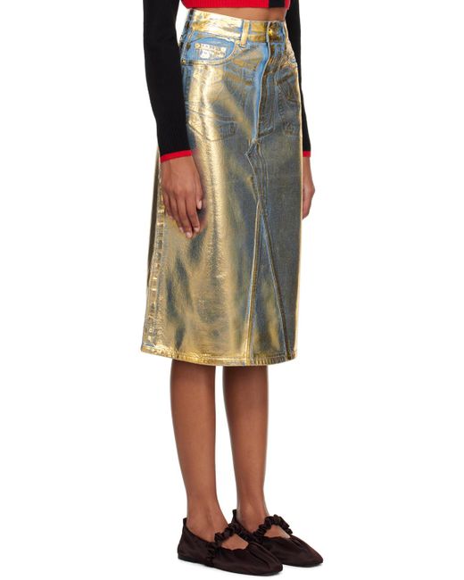 Ganni Black Blue & Gold Foil-coated Denim Midi Skirt
