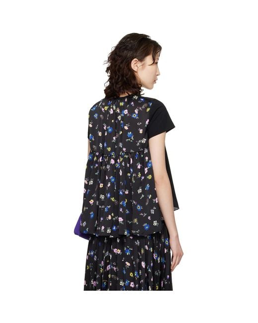 Sacai Floral Print T-Shirt in Black | Lyst