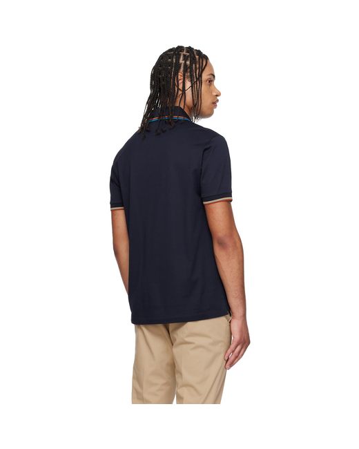 Paul Smith Blue Cotton 'Signature Stripe' Trim Zip Polo Shirt for men