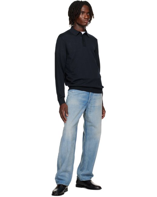 Polo À Manches Longues Bleu Marine En Laine Vierge Boss pour homme en coloris Black