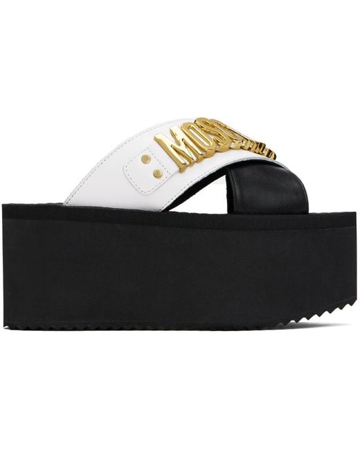 Moschino Black & White Lettering Logo Wedge Sandals