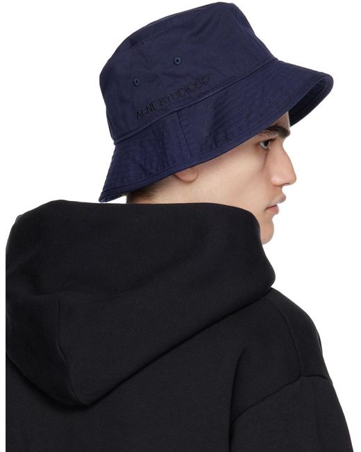 Acne Blue Navy Embroidered Bucket Hat for men