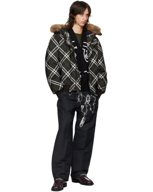 Burberry Black Faux-Fur Trim Check Down Bomber Jacket for men