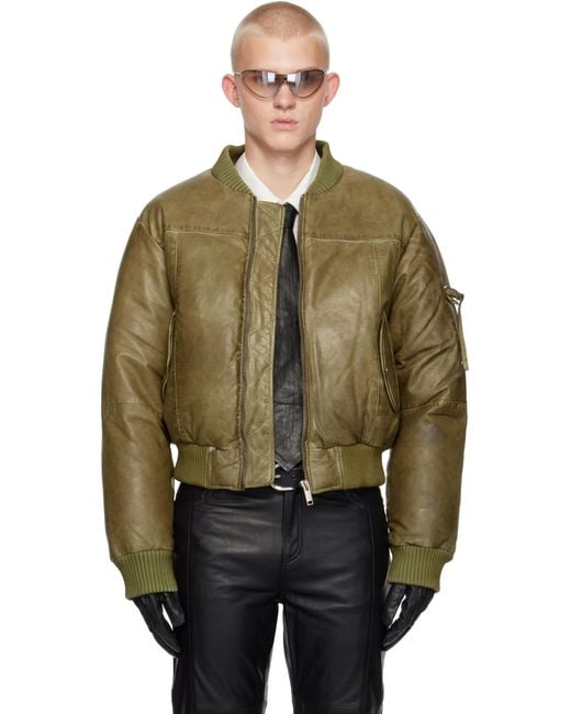 Deadwood Green Khaki Bofinger Padded Leather Bomber Jacket for men