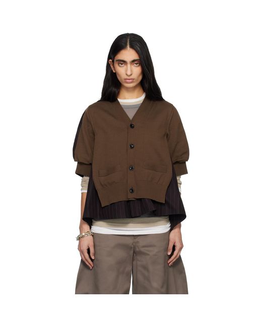 Sacai Brown Chalk Stripe & Cotton Knit Cardigan