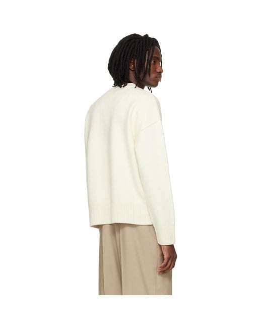 AMI Natural Off- Wool Contrasted Ami De Coeur Crewneck Sweater for men
