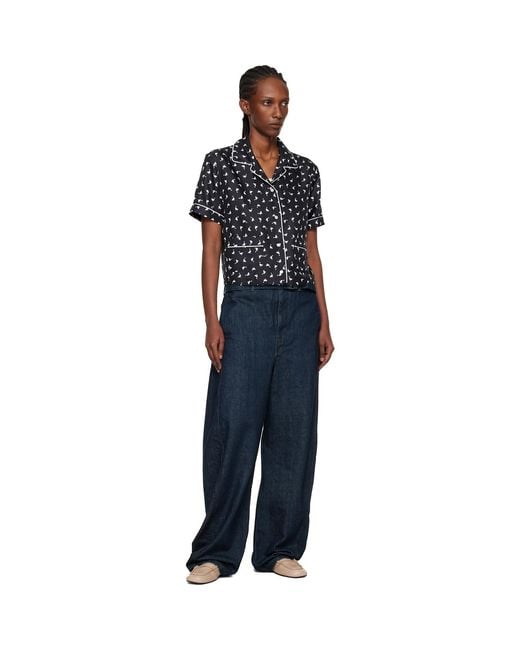 Moschino Black All Over Small Goose Print Silk Twill Blouse