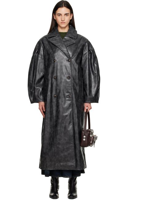 Ganni Black Distressed Leather Trench Coat