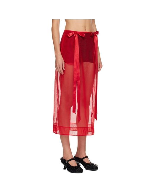 Simone Rocha Red Sheer Bow Ribbon Pencil Midi Skirt